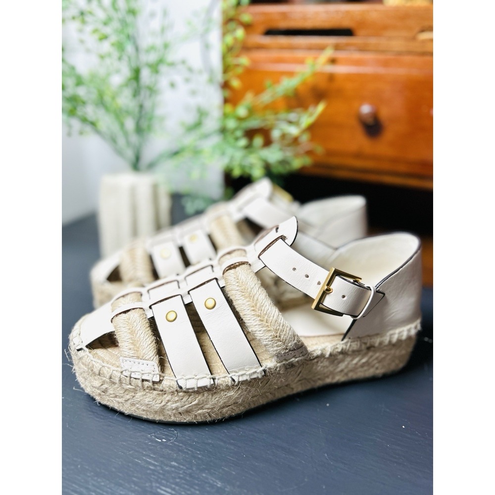 TORY BURCH Fisherman Platform Espadrille Sandals Size 5.5 Ivory Leather Wedge